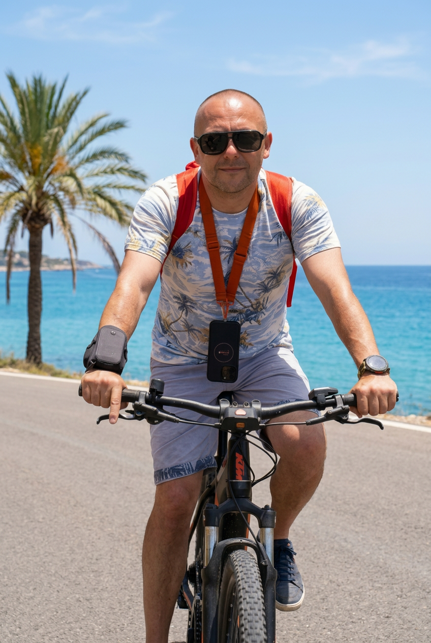 Kamil Wojciechowski na rowerze, z pomarańczową smyczą i telefonem